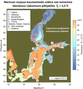 Merevee soojuse kasutamiseks sobiva vee esinemise tõenäosus Läänemere süvakihis. Tallinn on merevee soojuse kasutamiseks atraktiivne piirkond, kuna sobiva temperatuuriga vesi asub suurte tarbijate lähedal. (Allikas: Copernicuse mereteenus)  